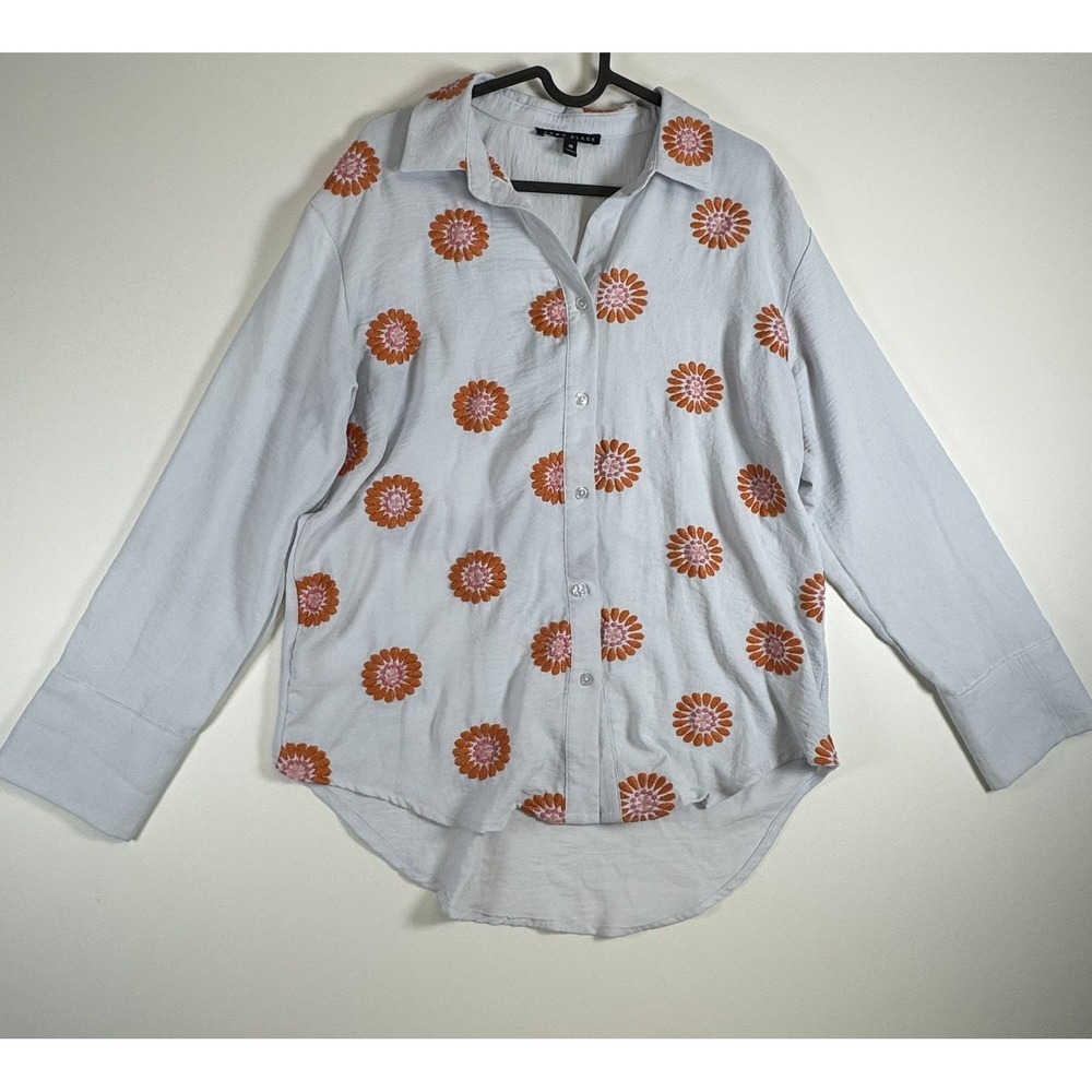 COMO BLACK Women's Light Blue‎ Orange Floral Embroidered  Shirt Blouse Size M
